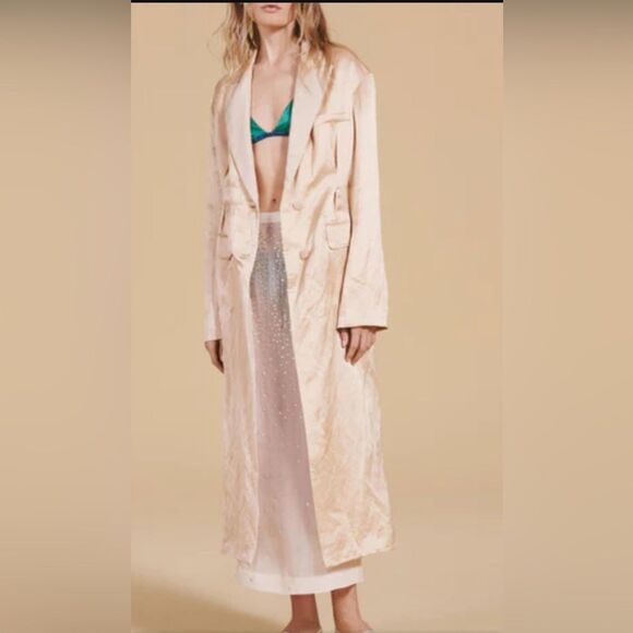 Zara Long Cream Coat Linen Blend Coat with Topstitching, - Picture 7 of 8